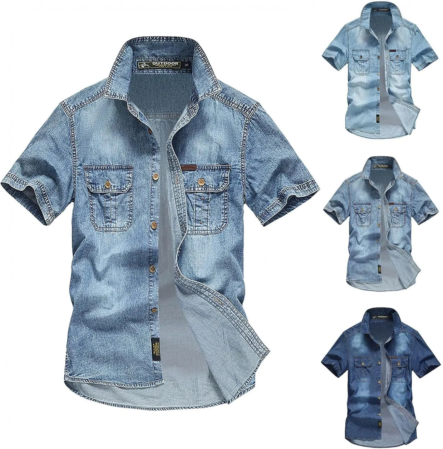 Maryia Men's Retro Distressed Denim Shirt Cotton Plus Size Short Sleeve Button Down Casual Lapel Washed Work Jean Shirt