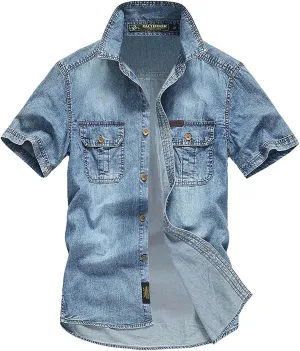 Maryia Men's Retro Distressed Denim Shirt Cotton Plus Size Short Sleeve Button Down Casual Lapel Washed Work Jean Shirt