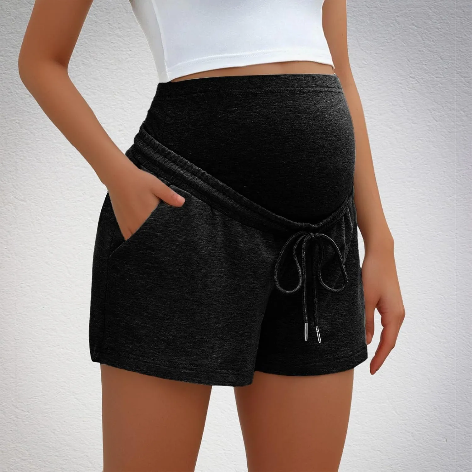 Maternity Sweat Shorts Over Belly with Pockets Women Summer Drawstring Waist Baggy Active Lounge Workout Pregnancy Shorts