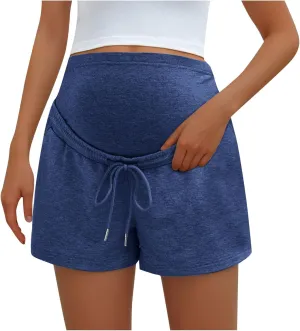 Maternity Sweat Shorts Over Belly with Pockets Women Summer Drawstring Waist Baggy Active Lounge Workout Pregnancy Shorts