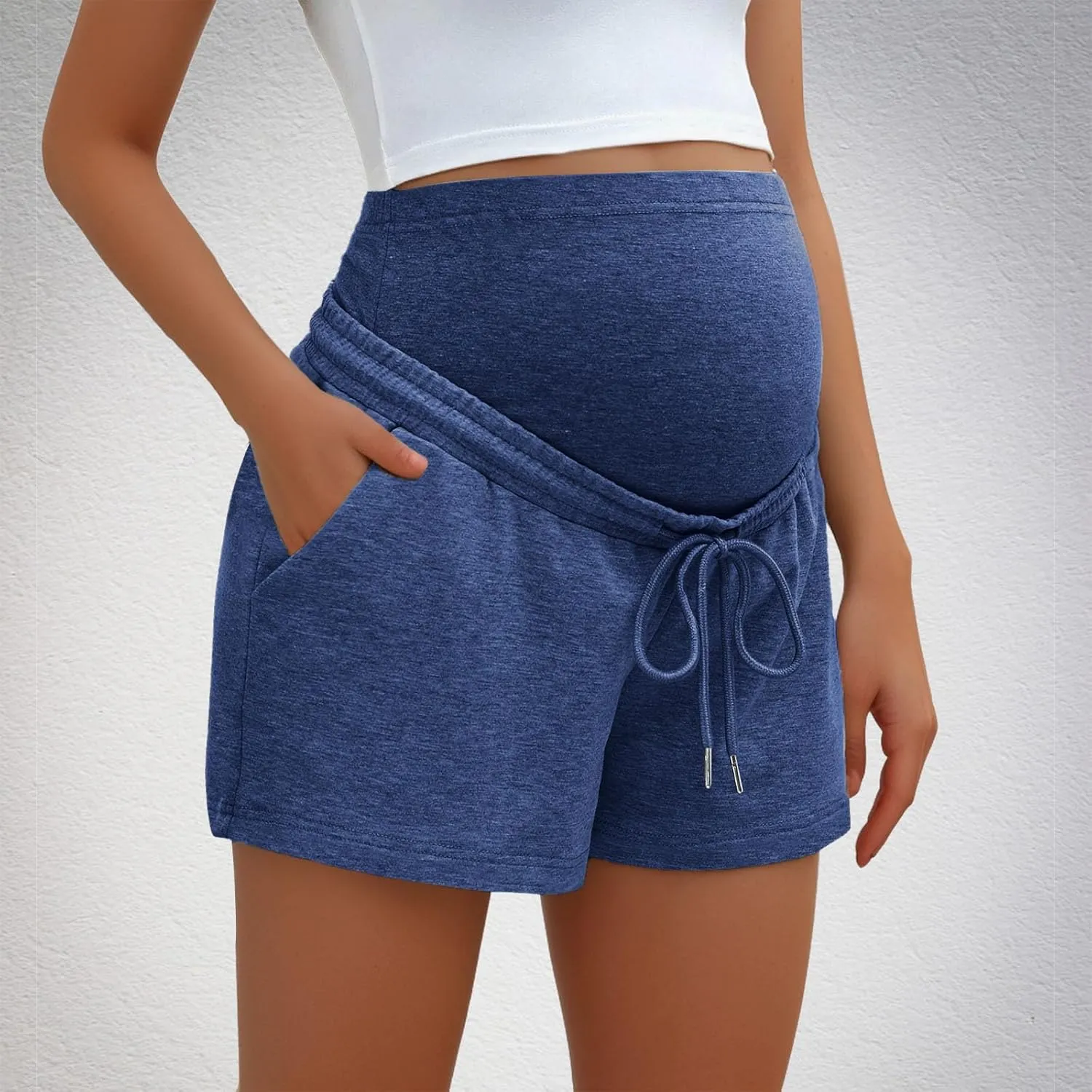 Maternity Sweat Shorts Over Belly with Pockets Women Summer Drawstring Waist Baggy Active Lounge Workout Pregnancy Shorts