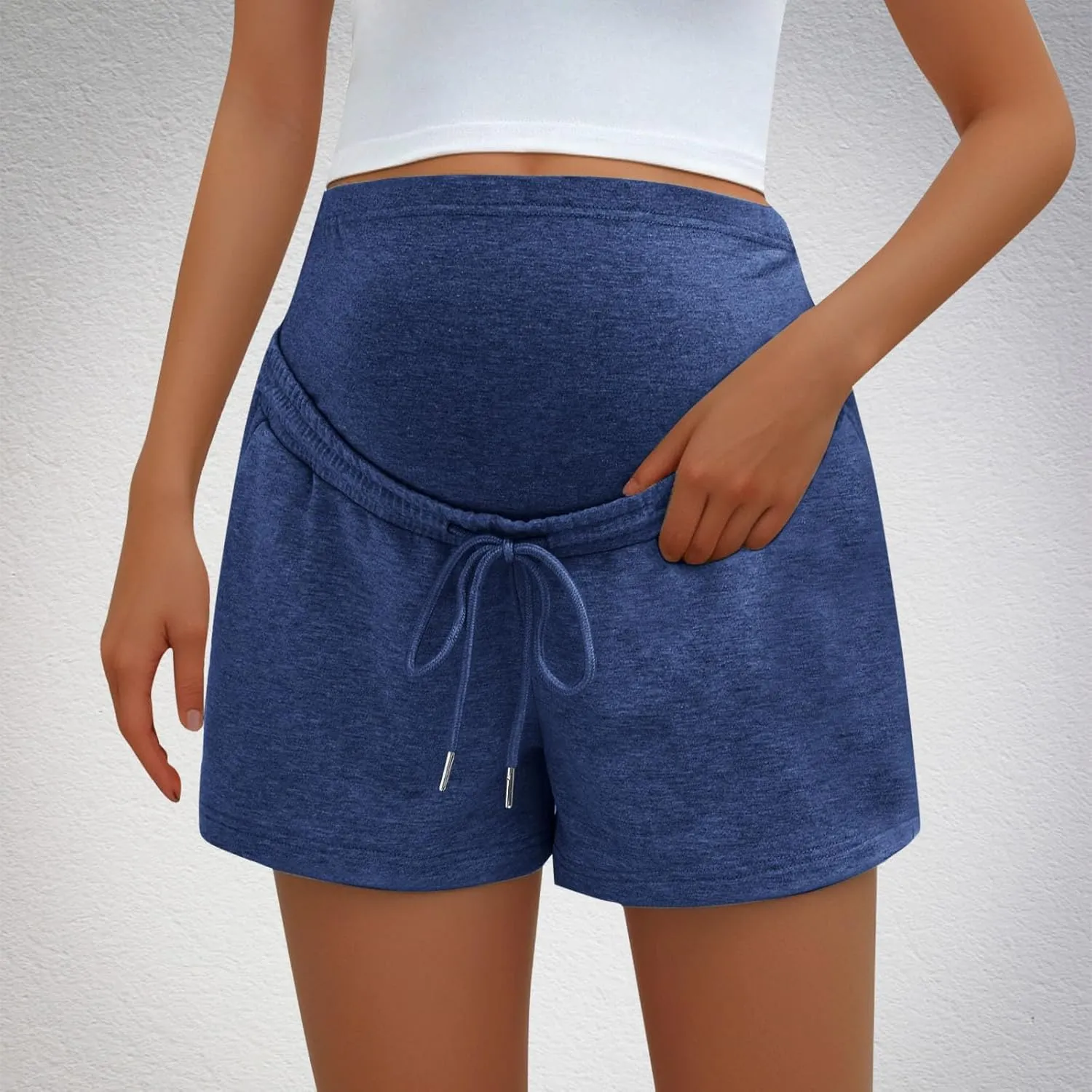 Maternity Sweat Shorts Over Belly with Pockets Women Summer Drawstring Waist Baggy Active Lounge Workout Pregnancy Shorts