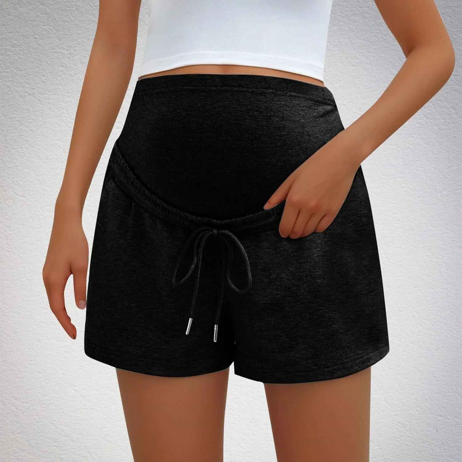 Maternity Sweat Shorts Over Belly with Pockets Women Summer Drawstring Waist Baggy Active Lounge Workout Pregnancy Shorts