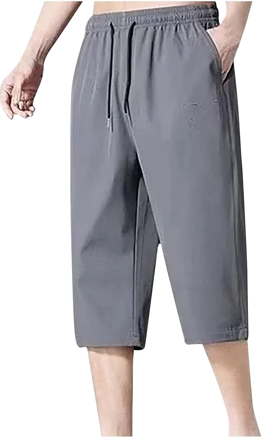 Men Casual Capris Pants Drawstring Elastic Waist Trousers Quick Dry Cropped Pant Workout Thin Sweatpants Gym Athletic Trouser