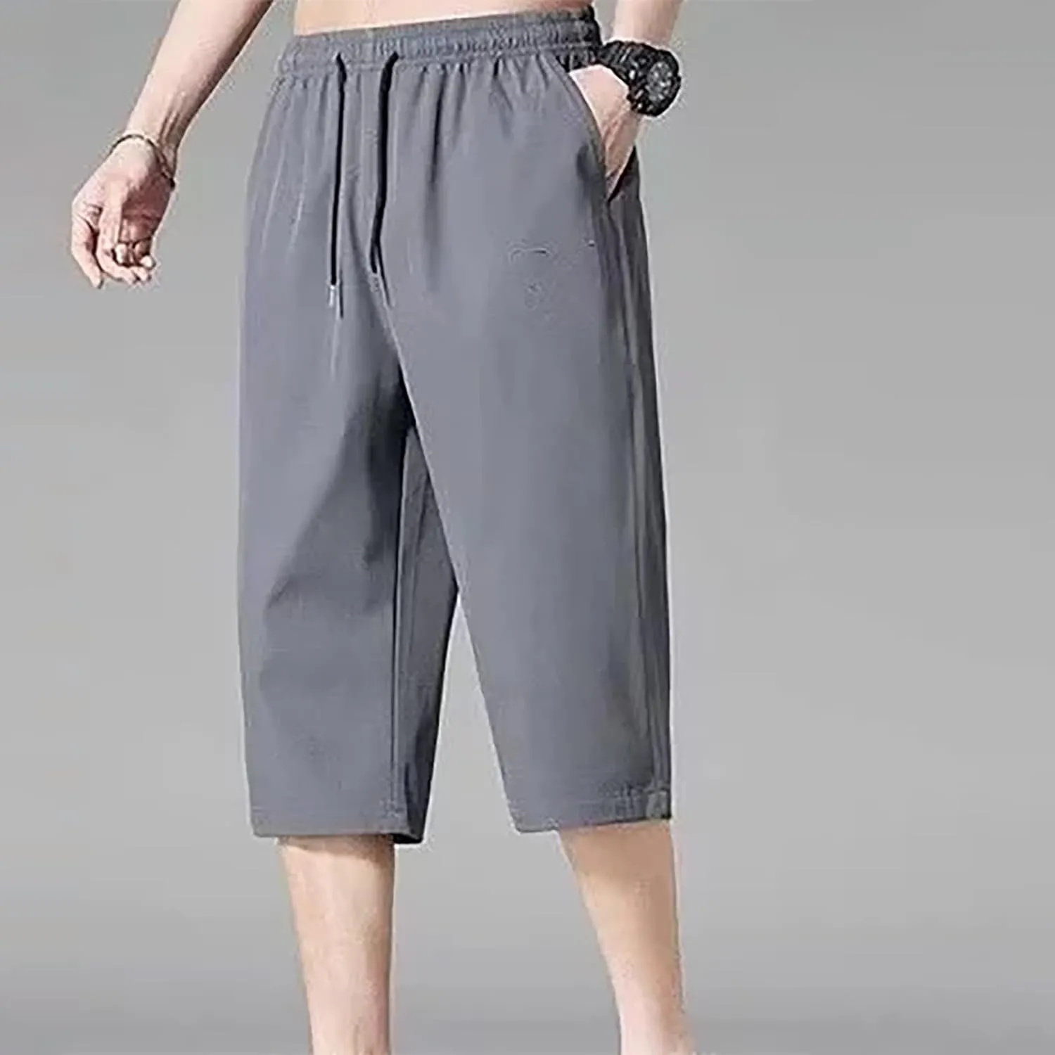 Men Casual Capris Pants Drawstring Elastic Waist Trousers Quick Dry Cropped Pant Workout Thin Sweatpants Gym Athletic Trouser