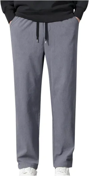 Men Corduroy Trousers Fashion Drawstring Elastic Waist Sweatpants Casual Loose Wide Leg Straight Pants with Pocket
