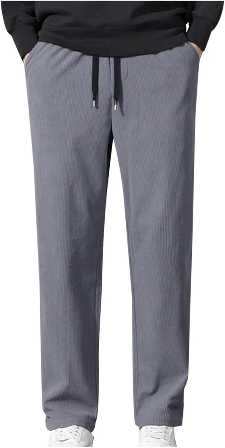 Men Corduroy Trousers Fashion Drawstring Elastic Waist Sweatpants Casual Loose Wide Leg Straight Pants with Pocket