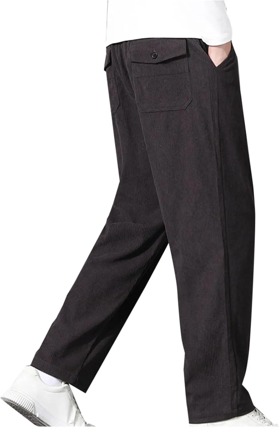 Men Corduroy Trousers Fashion Drawstring Elastic Waist Sweatpants Casual Loose Wide Leg Straight Pants with Pocket