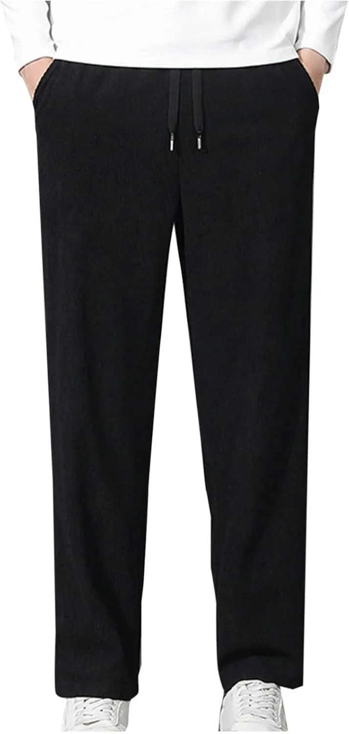 Men Corduroy Trousers Fashion Drawstring Elastic Waist Sweatpants Casual Loose Wide Leg Straight Pants with Pocket