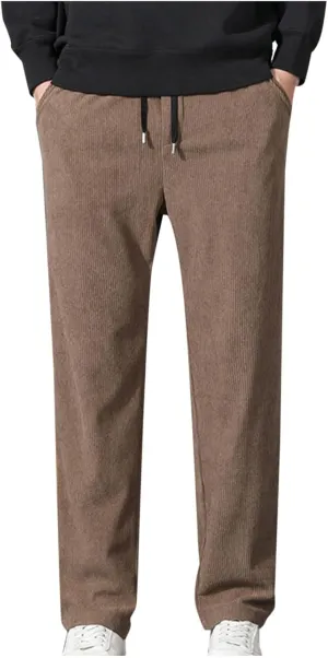 Men Corduroy Trousers Fashion Drawstring Elastic Waist Sweatpants Casual Loose Wide Leg Straight Pants with Pocket
