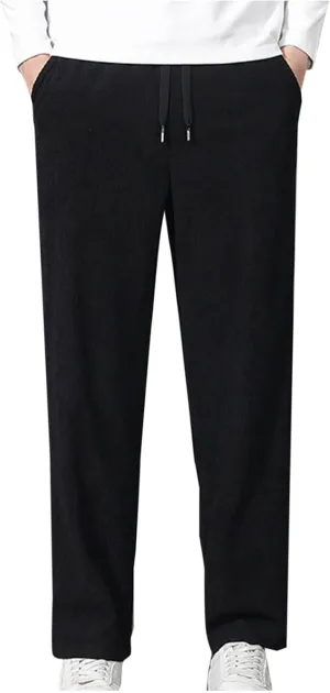Men Corduroy Trousers Fashion Drawstring Elastic Waist Sweatpants Casual Loose Wide Leg Straight Pants with Pocket