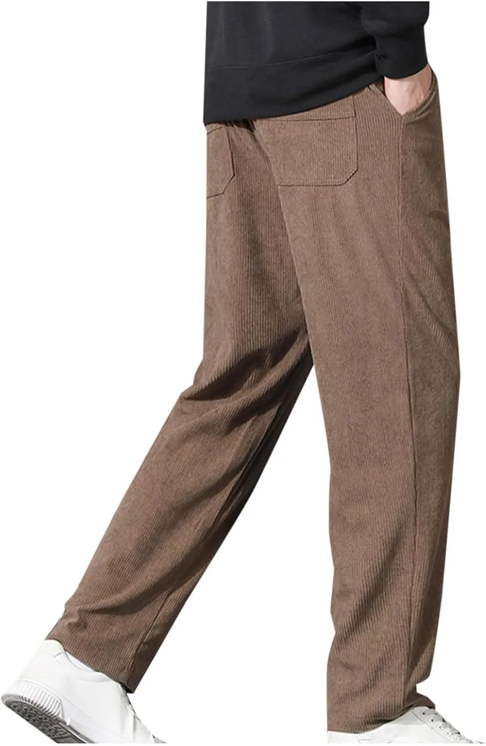 Men Corduroy Trousers Fashion Drawstring Elastic Waist Sweatpants Casual Loose Wide Leg Straight Pants with Pocket