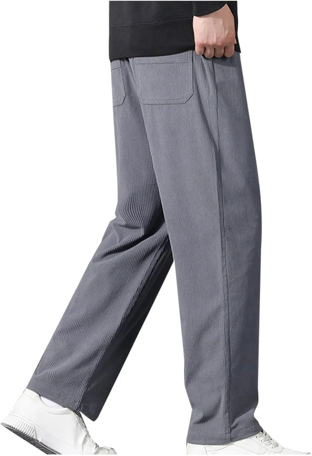Men Corduroy Trousers Fashion Drawstring Elastic Waist Sweatpants Casual Loose Wide Leg Straight Pants with Pocket