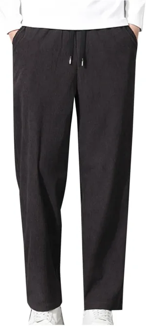 Men Corduroy Trousers Fashion Drawstring Elastic Waist Sweatpants Casual Loose Wide Leg Straight Pants with Pocket