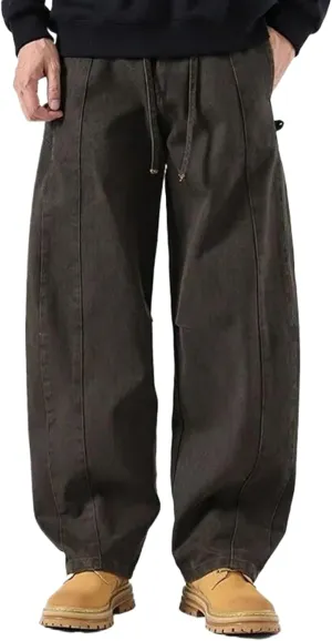 Men Vintage Cotton Cargo Pants Multi-Pocket High Street Distressed Straight Loose Wide-Leg Workwear Trousers