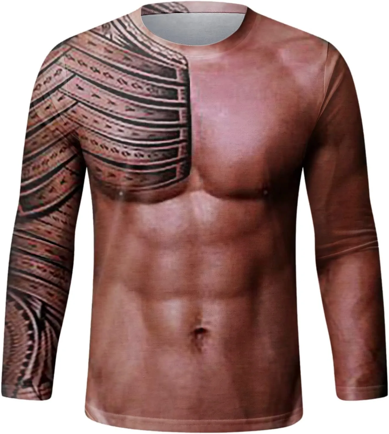Men's 3D Print Fake Muscles Shirts Long Sleeve Crew Neck Workout Funny Novelty Graphic Pattern Pullover Tees T-Shirts