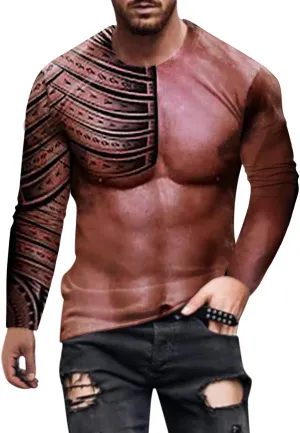 Men's 3D Print Fake Muscles Shirts Long Sleeve Crew Neck Workout Funny Novelty Graphic Pattern Pullover Tees T-Shirts