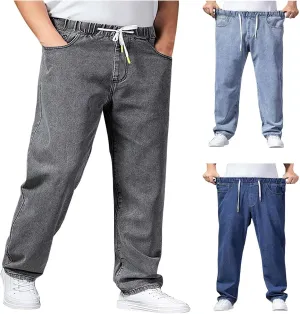 Mens Basic Jeans Boys Wide Leg Work Jeans Elastic Waist Denim Pants Casual Stretch Straight Leg Classic Denim Trouser