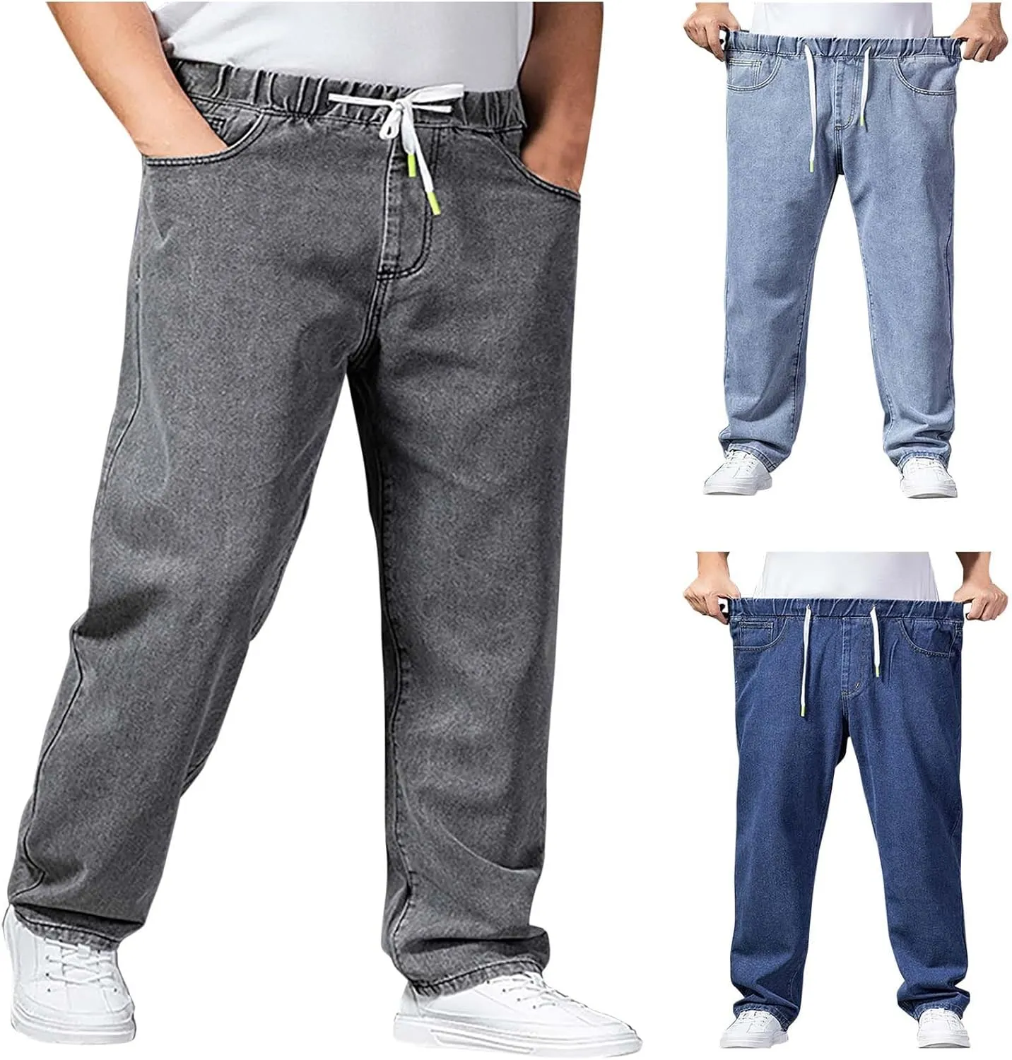 Mens Basic Jeans Boys Wide Leg Work Jeans Elastic Waist Denim Pants Casual Stretch Straight Leg Classic Denim Trouser