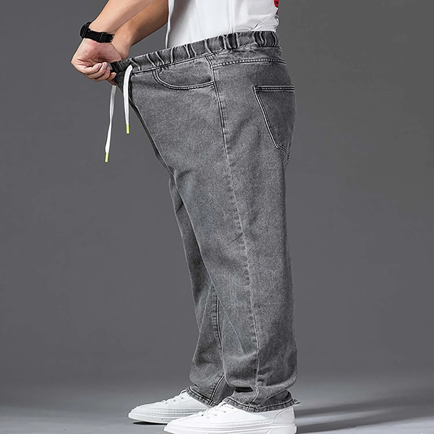Mens Basic Jeans Boys Wide Leg Work Jeans Elastic Waist Denim Pants Casual Stretch Straight Leg Classic Denim Trouser