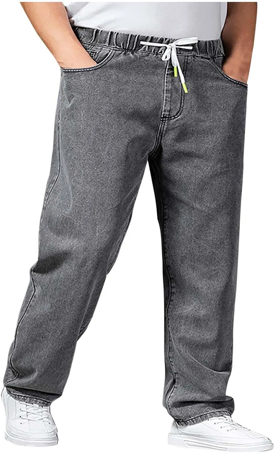 Mens Basic Jeans Boys Wide Leg Work Jeans Elastic Waist Denim Pants Casual Stretch Straight Leg Classic Denim Trouser
