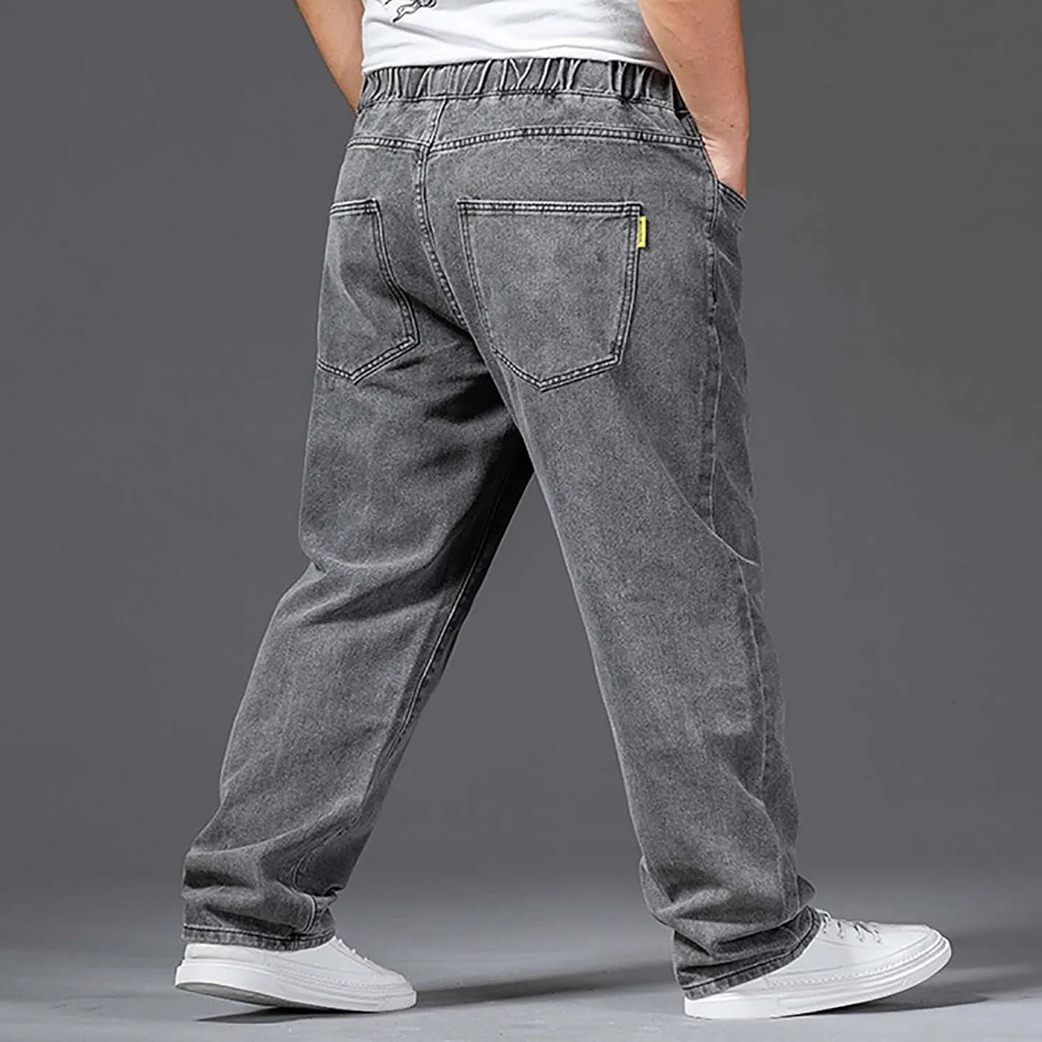 Mens Basic Jeans Boys Wide Leg Work Jeans Elastic Waist Denim Pants Casual Stretch Straight Leg Classic Denim Trouser