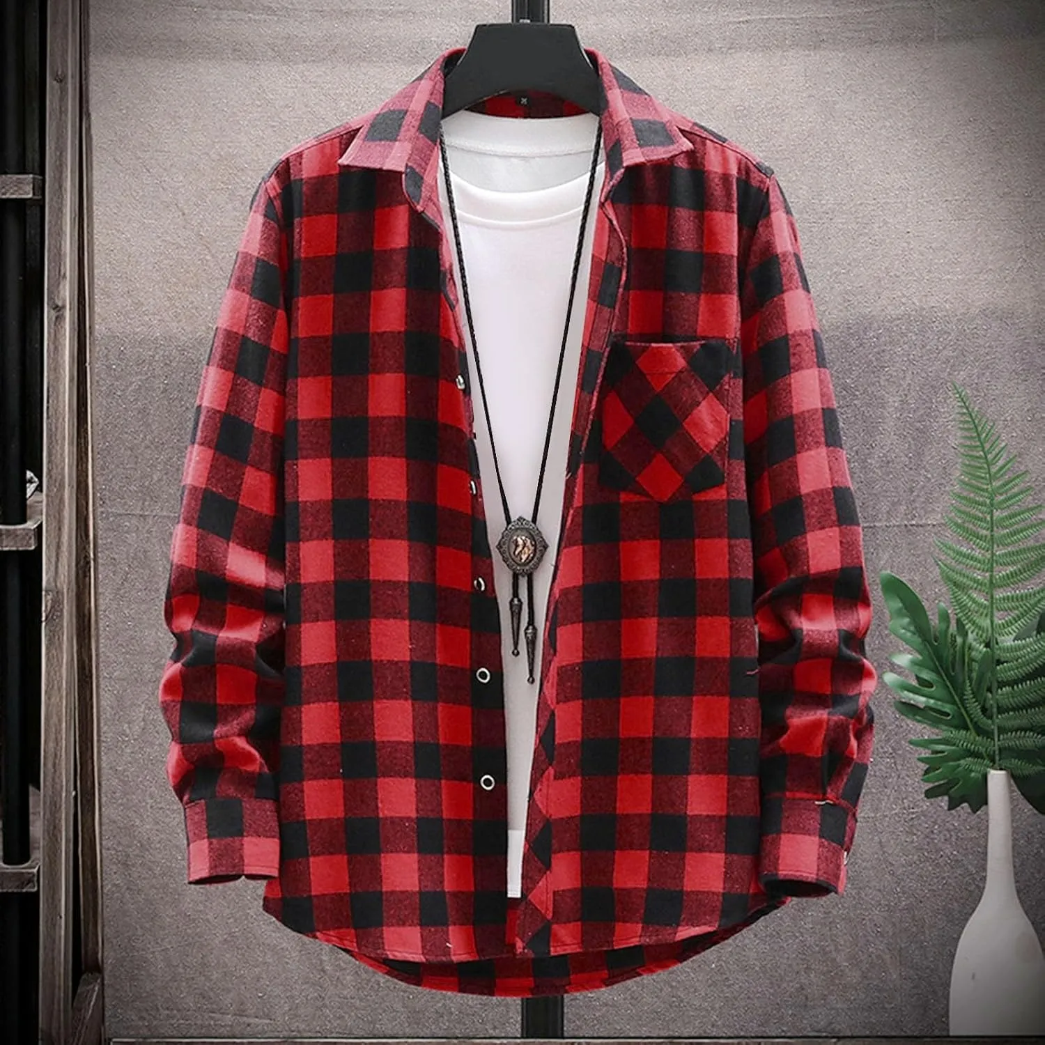 Men's Black Cotton Plaid Flannel Shirt Jacket, Long Sleeve, Point Collar, Casual, Western Style, Size Medium, XL