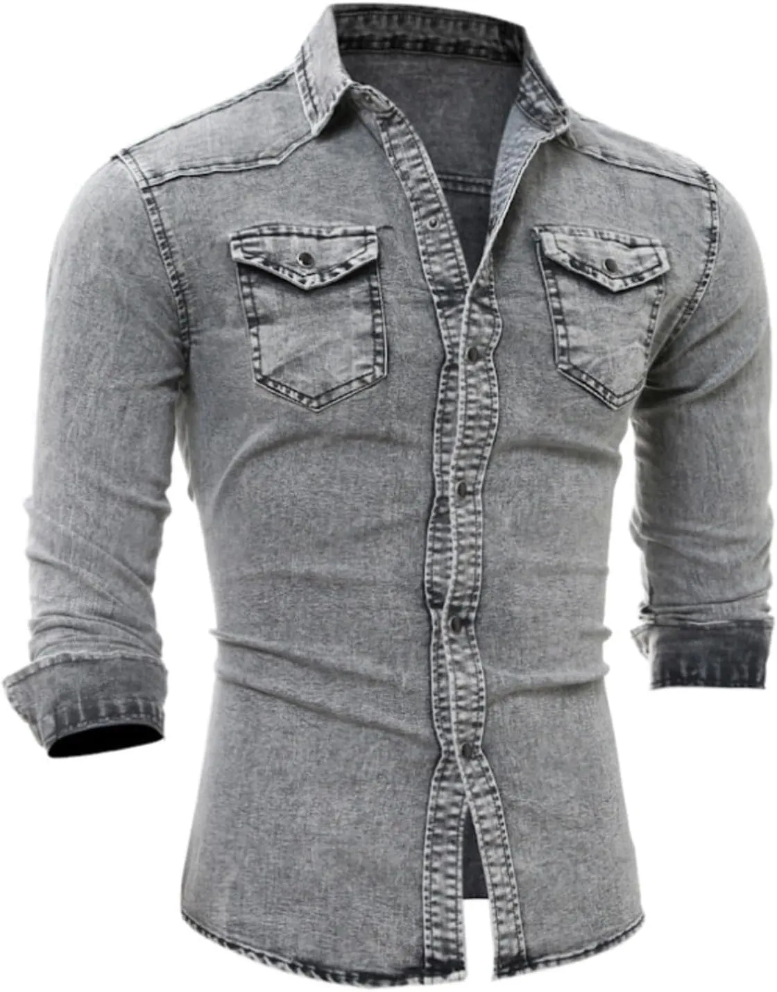 Mens Button Down Denim Shirt Fashion Slim Fit Jean Shirts Lapel Washed Shirt Long Sleeve Button Down Jackets