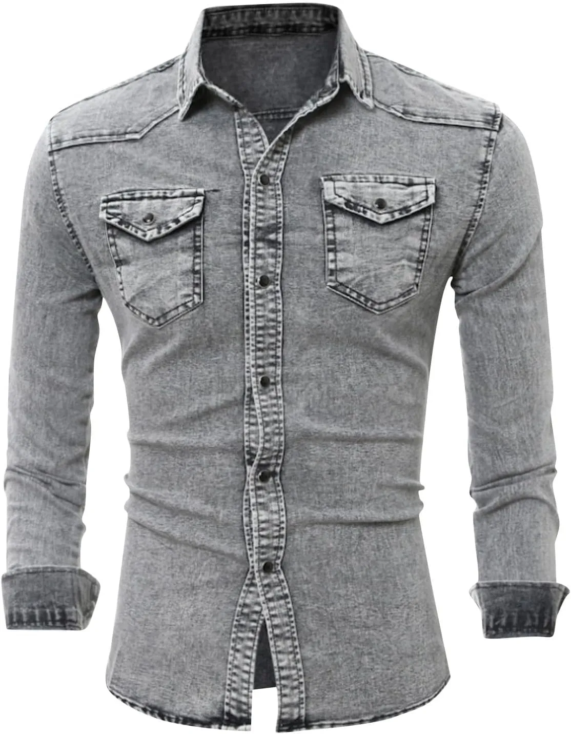 Mens Button Down Denim Shirt Fashion Slim Fit Jean Shirts Lapel Washed Shirt Long Sleeve Button Down Jackets