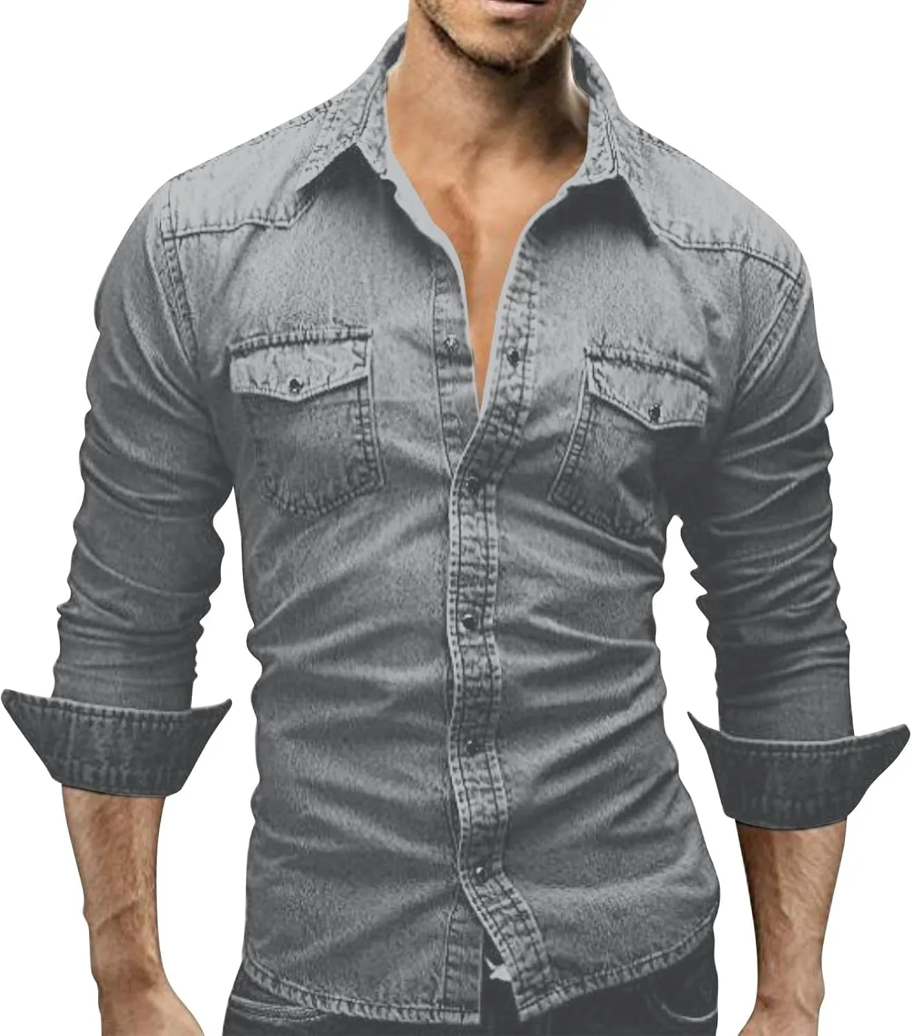 Mens Button Down Denim Shirt Fashion Slim Fit Jean Shirts Lapel Washed Shirt Long Sleeve Button Down Jackets