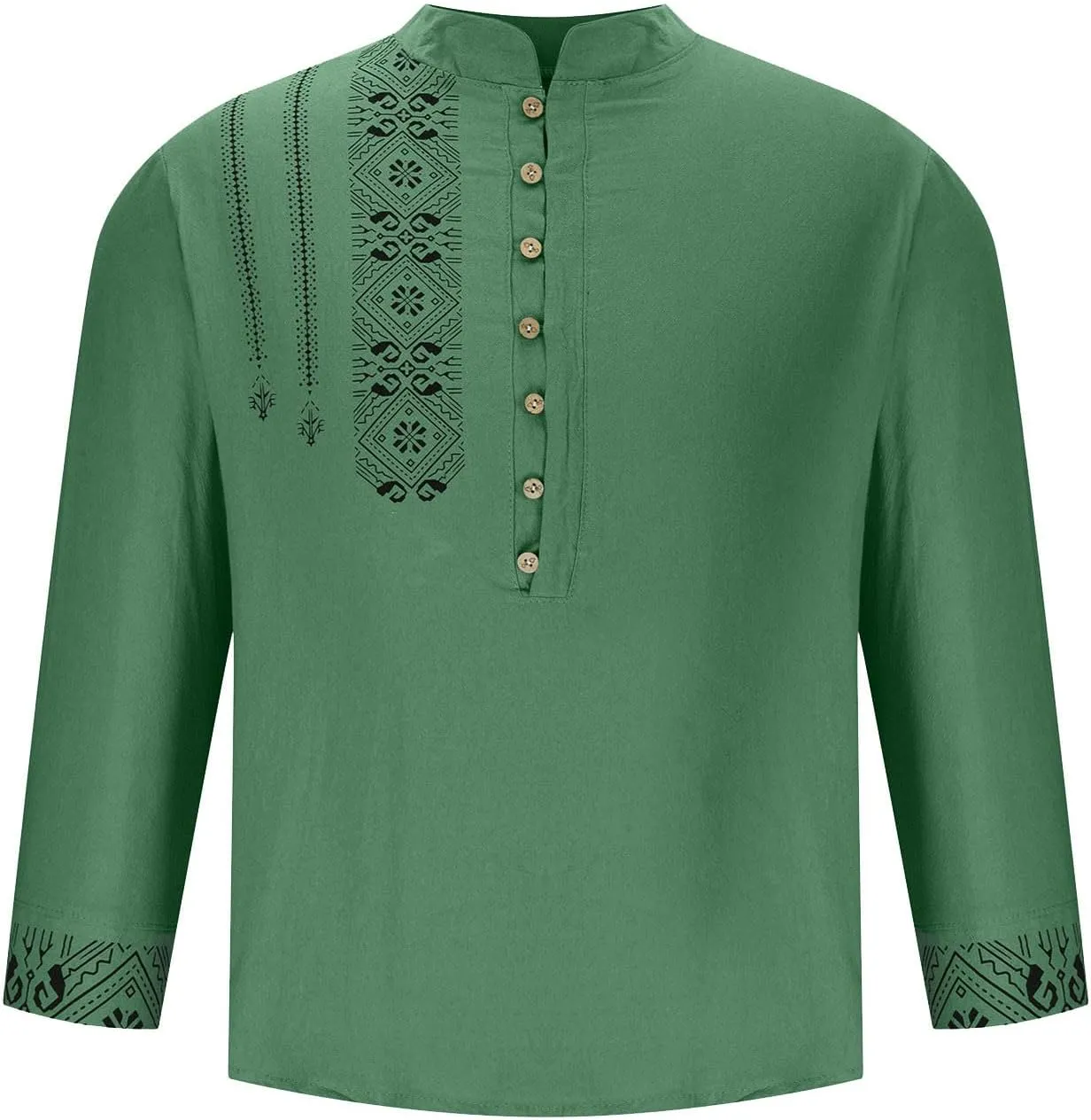 Mens Button Up Cotton Linen Henley Shirt Long Sleeve Hippie Casual African Print Tshirts Band Collar Beach Party Yoga Tops