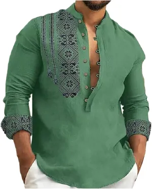 Mens Button Up Cotton Linen Henley Shirt Long Sleeve Hippie Casual African Print Tshirts Band Collar Beach Party Yoga Tops