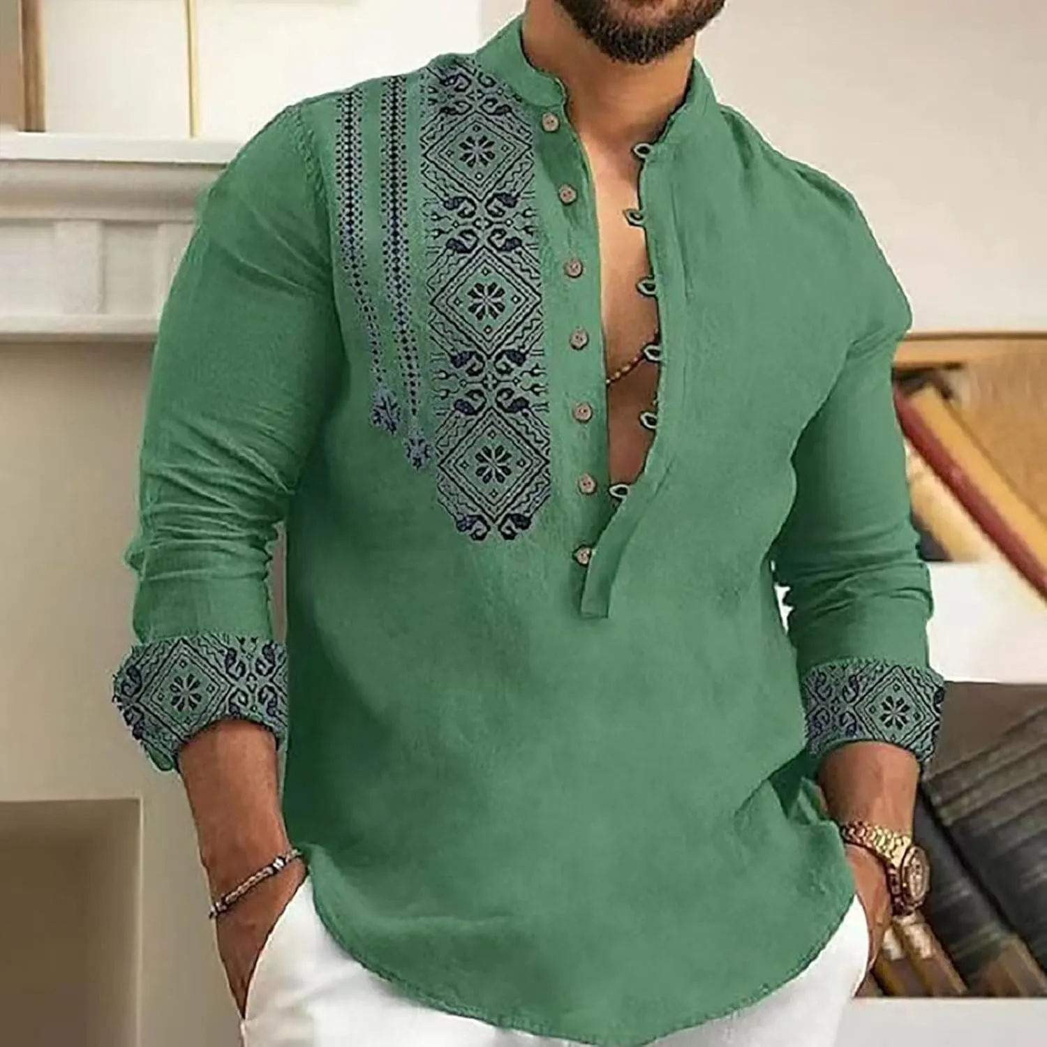 Mens Button Up Cotton Linen Henley Shirt Long Sleeve Hippie Casual African Print Tshirts Band Collar Beach Party Yoga Tops