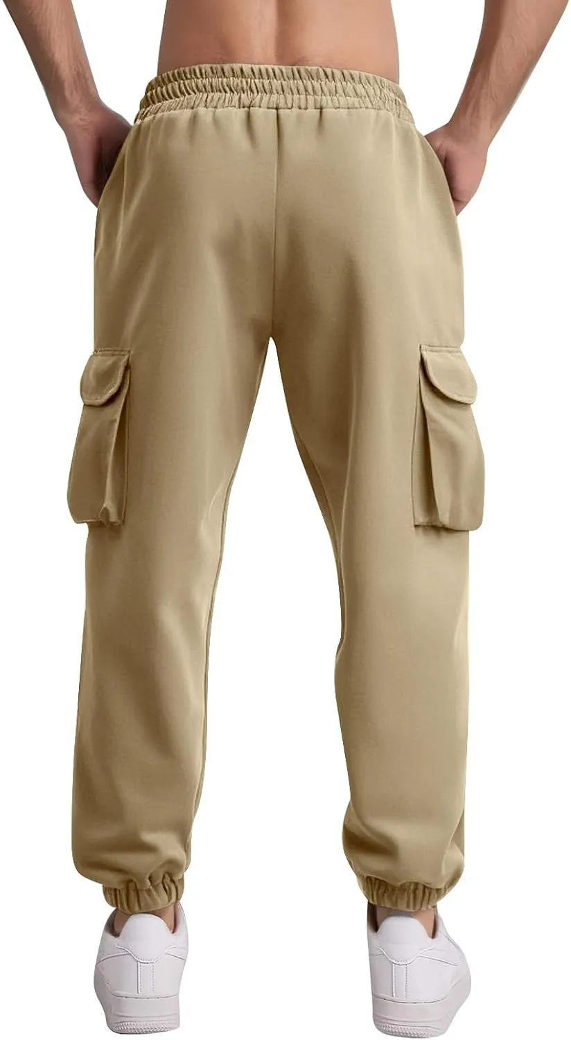 Mens Cargo Joggers Slim Fit Drawstring Waist Hiking Pants Lightweight Outdoor Tapered Leg Joggers with Pockets