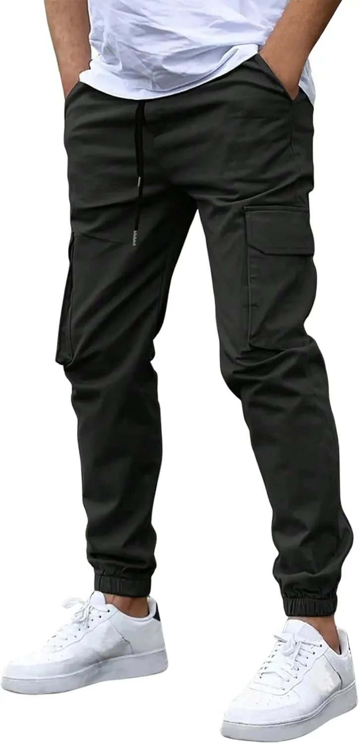 Mens Cargo Joggers Slim Fit Drawstring Waist Hiking Pants Lightweight Outdoor Tapered Leg Joggers with Pockets