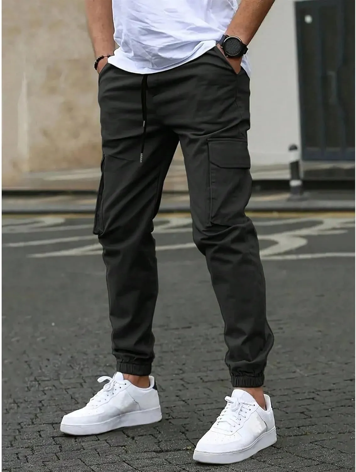 Mens Cargo Joggers Slim Fit Drawstring Waist Hiking Pants Lightweight Outdoor Tapered Leg Joggers with Pockets