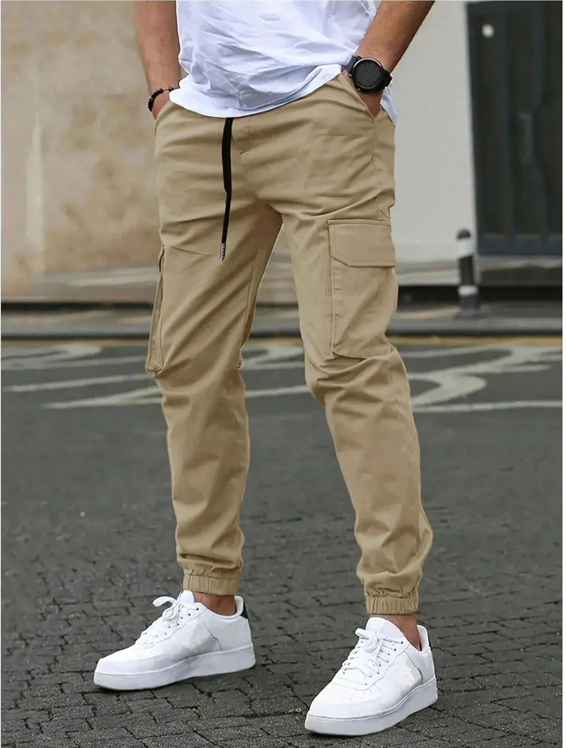 Mens Cargo Joggers Slim Fit Drawstring Waist Hiking Pants Lightweight Outdoor Tapered Leg Joggers with Pockets