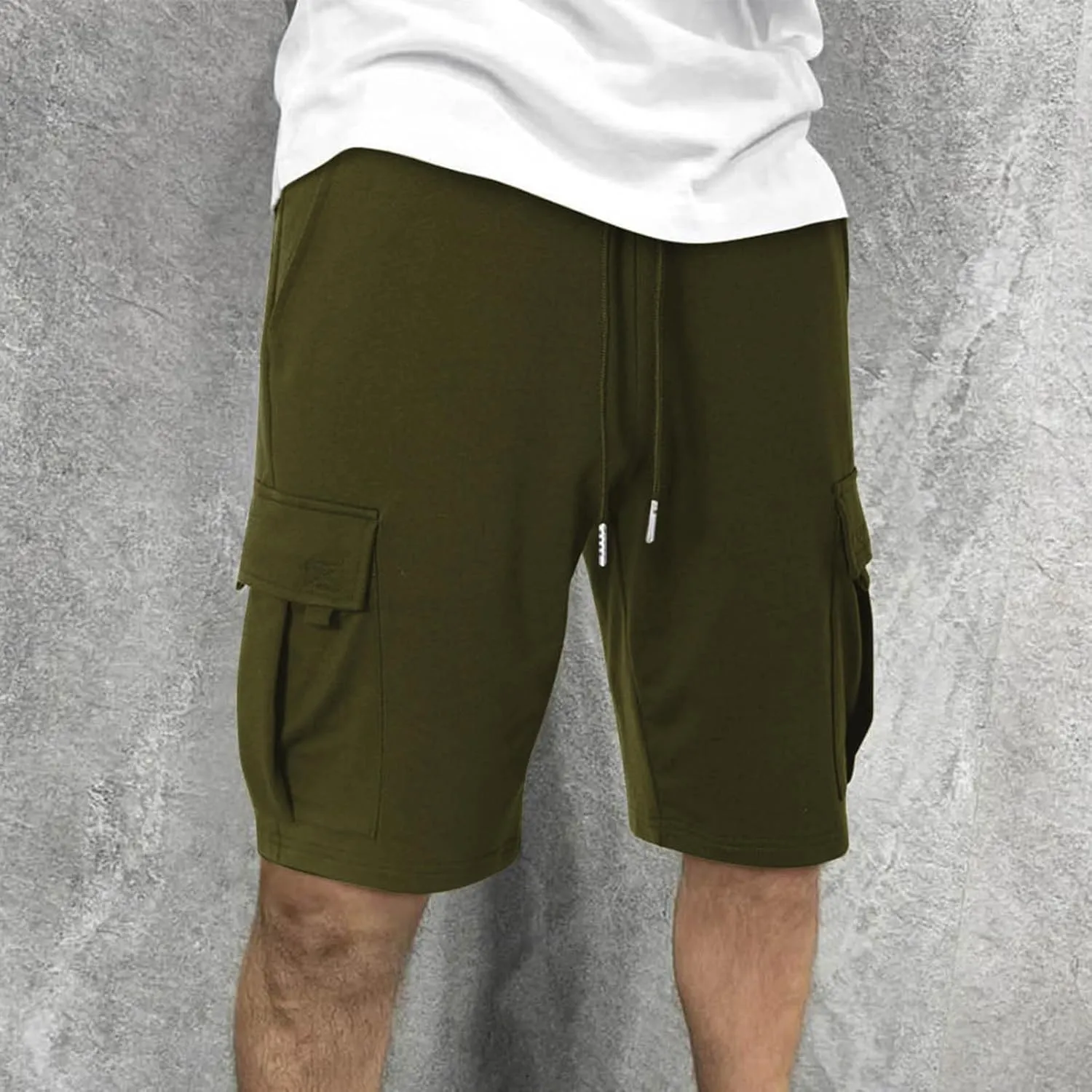 Mens Cargo Shorts Elastic Waist Knee Length Bermuda Sweat Shorts Lightweight Comfy Casual Summer Clothes with Pockets