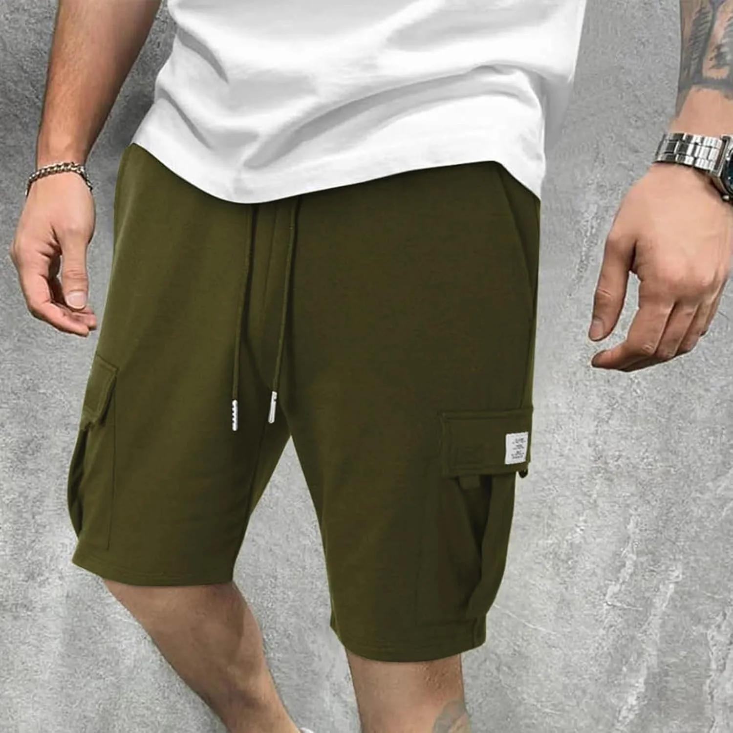 Mens Cargo Shorts Elastic Waist Knee Length Bermuda Sweat Shorts Lightweight Comfy Casual Summer Clothes with Pockets