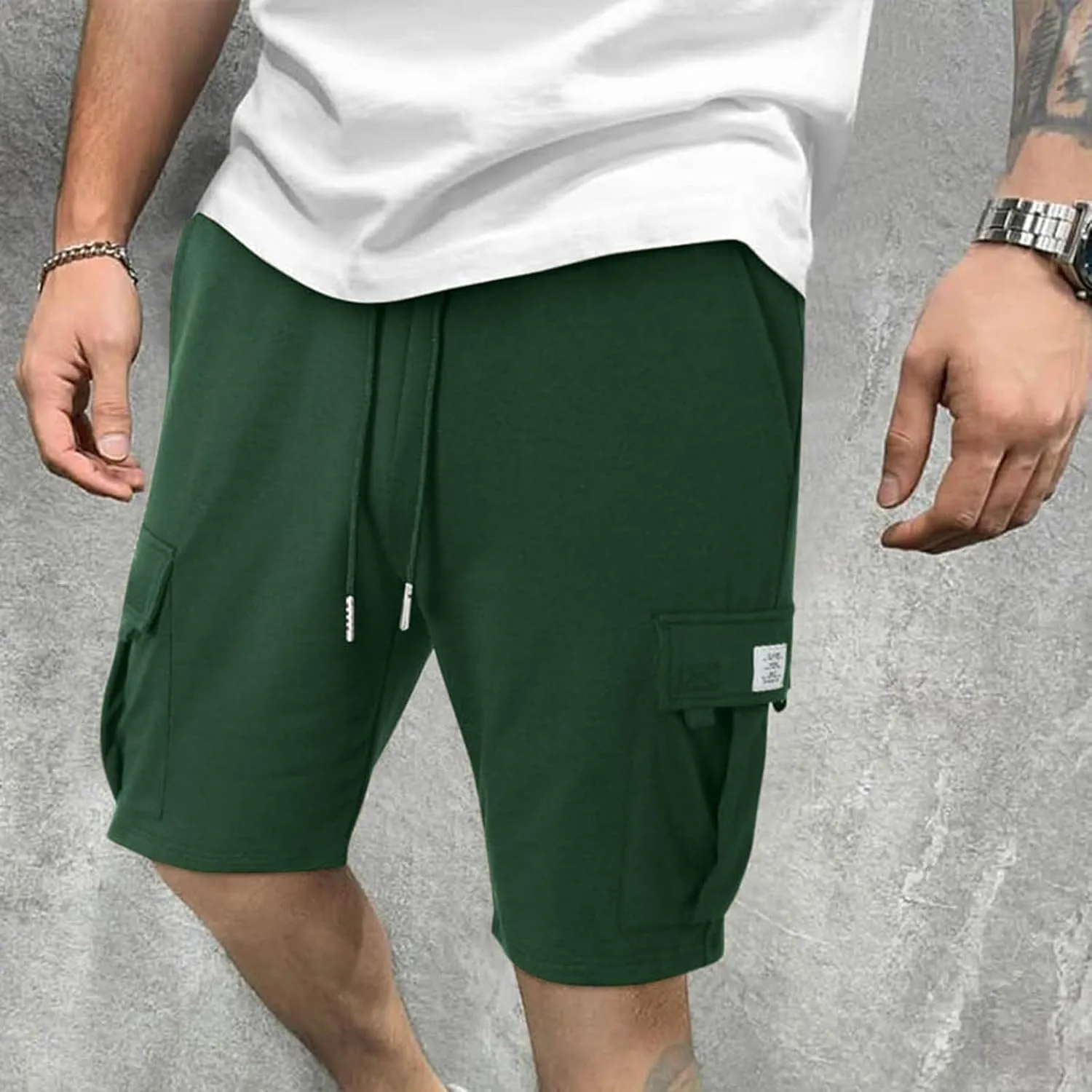 Mens Cargo Shorts Elastic Waist Knee Length Bermuda Sweat Shorts Lightweight Comfy Casual Summer Clothes with Pockets