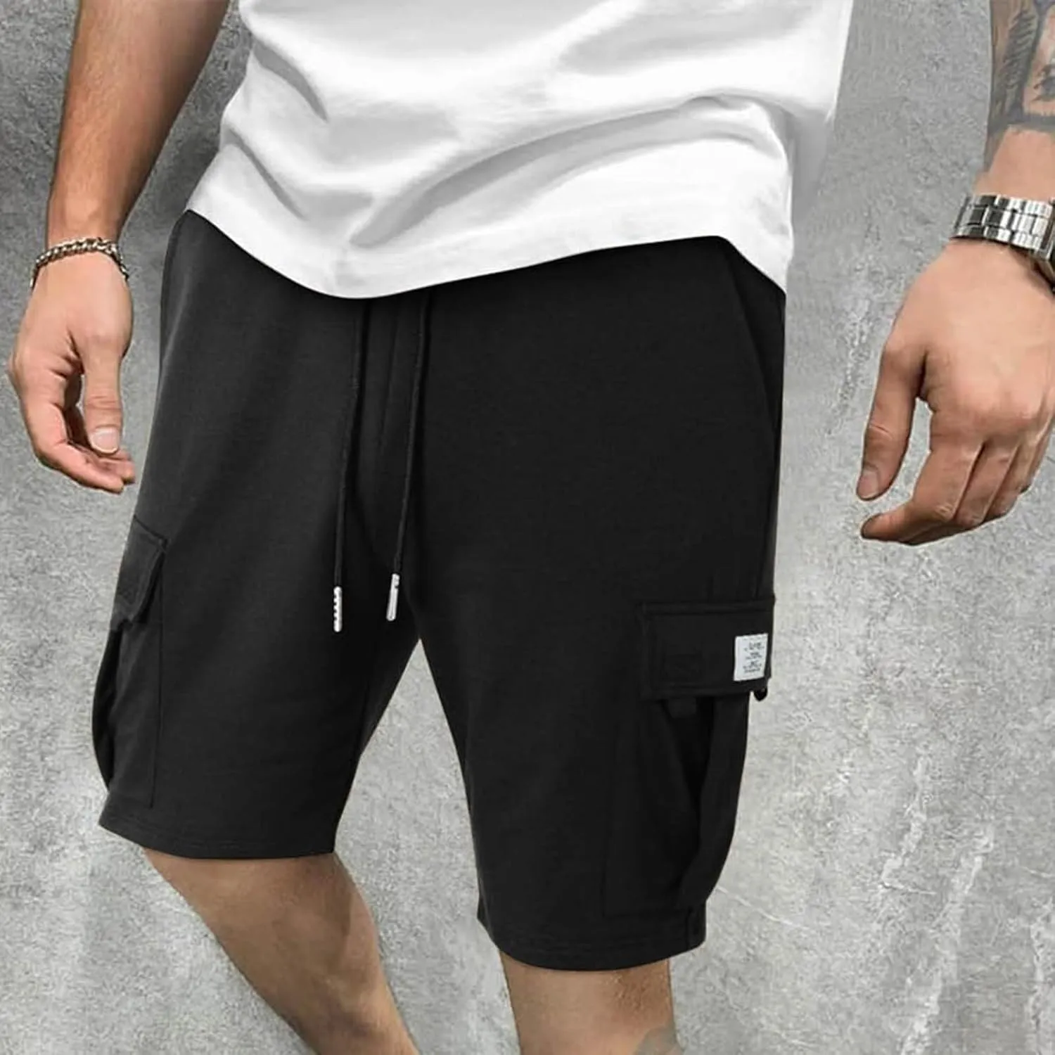 Mens Cargo Sweat Shorts Drawstring Elastic Waist Athletic Workout Gym Jogger Shorts Summer Fashion Sport Short