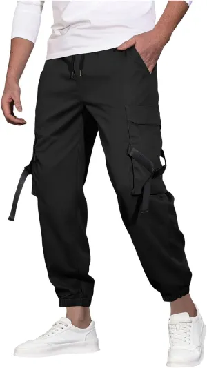 Men's Cargo Trousers Drawstring Elastic Waist Pants Lightweight Tapered Pant Casual Sweatpants Athletic Workout Bottoms