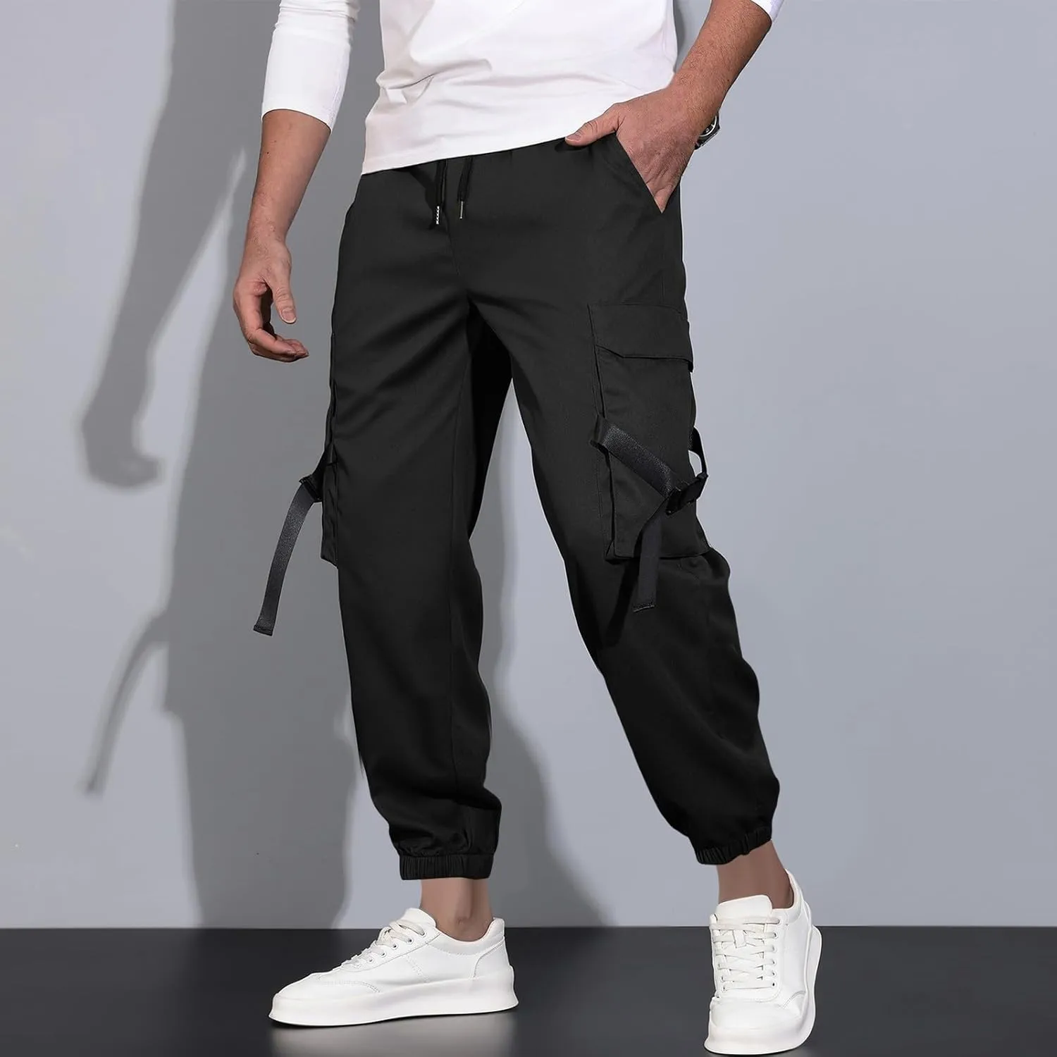 Men's Cargo Trousers Drawstring Elastic Waist Pants Lightweight Tapered Pant Casual Sweatpants Athletic Workout Bottoms