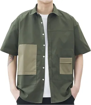 Mens Casual Button Down Shirts Oversized Short Sleeve Casual Shacket Jacket with Pockets Color Block Patchwork Summer Jacket