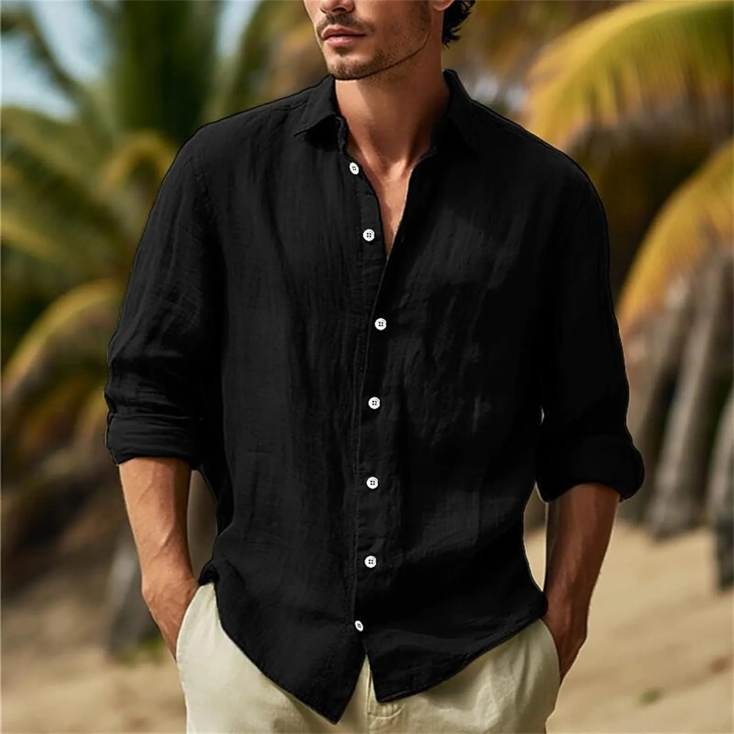 Mens Casual Long Sleeve Cotton Linen Shirts Summer Yoga Tops Regular Fit Plain Holiday Beach Party Button Down Shirts