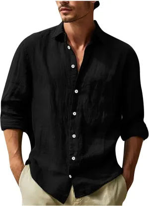 Mens Casual Long Sleeve Cotton Linen Shirts Summer Yoga Tops Regular Fit Plain Holiday Beach Party Button Down Shirts
