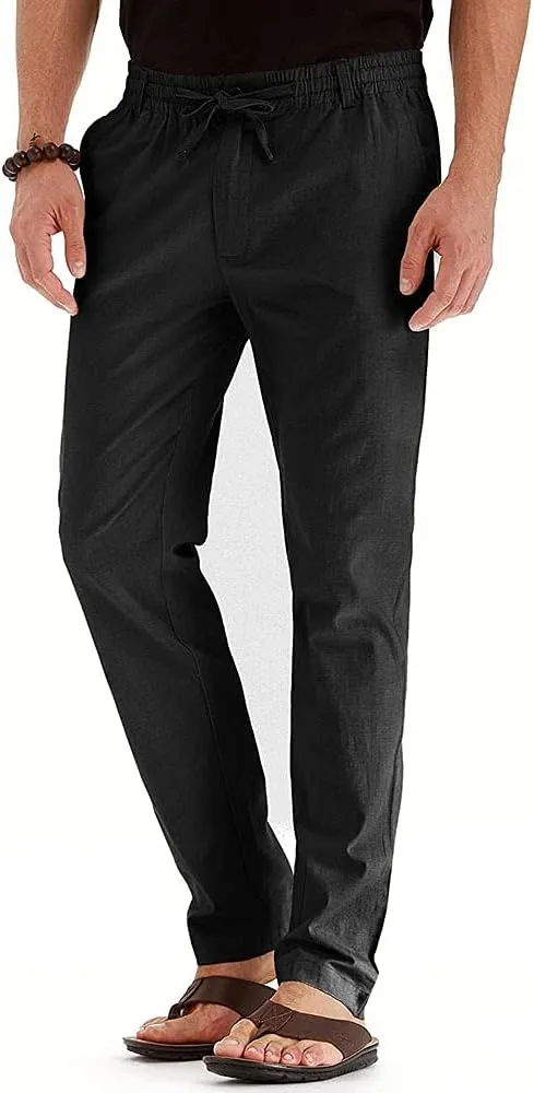 Mens Casual Pants Elastic Waist Drawstring Lightweight Pants Tapered Chino Trousers with Pockets
