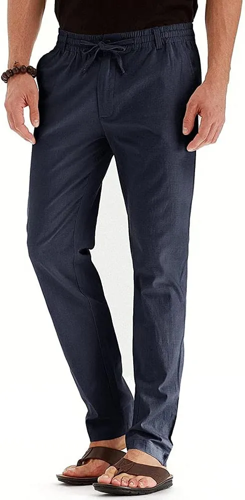 Mens Casual Pants Elastic Waist Drawstring Lightweight Pants Tapered Chino Trousers with Pockets