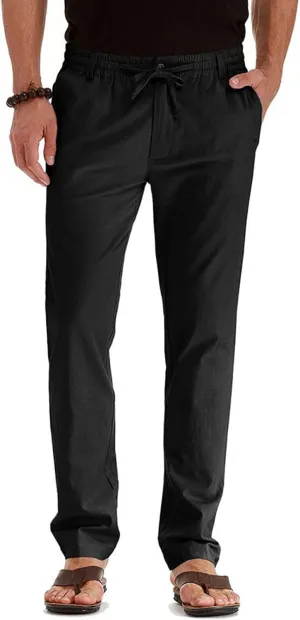 Mens Casual Pants Elastic Waist Drawstring Lightweight Pants Tapered Chino Trousers with Pockets