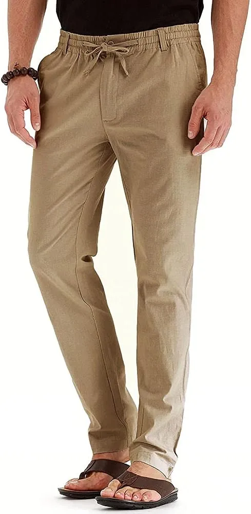 Mens Casual Pants Elastic Waist Drawstring Lightweight Pants Tapered Chino Trousers with Pockets